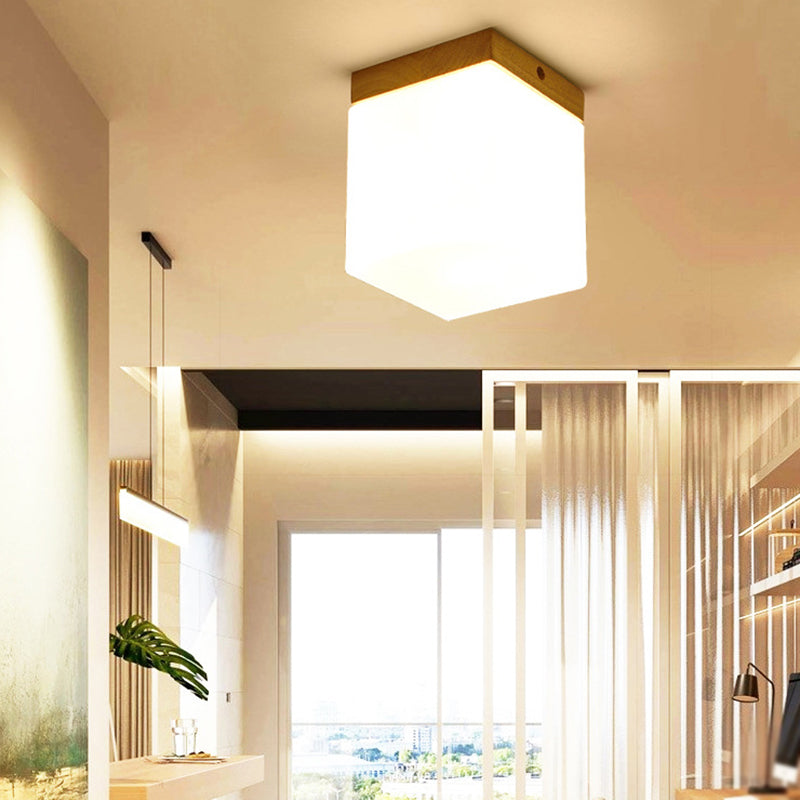 Single Beige Finish Flush Mount Lighting Nodic Wooden Shaded Ceiling Light