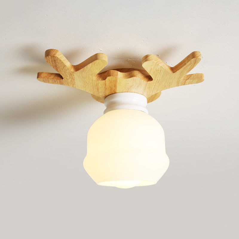 Single Beige Finish Flush Mount Lighting Nodic Wooden Shaded Ceiling Light