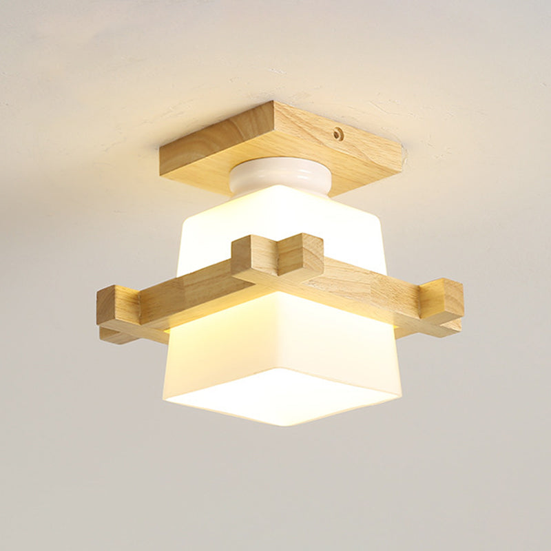 Single Beige Finish Flush Mount Lighting Nodic Wooden Shaded Ceiling Light
