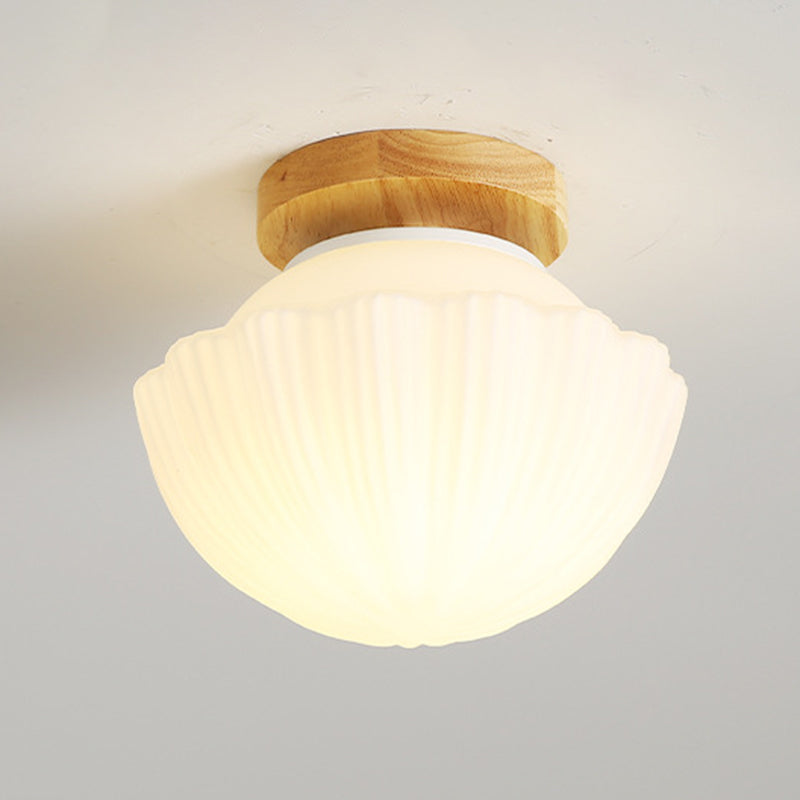 Single Beige Finish Flush Mount Lighting Nodic Wooden Shaded Ceiling Light