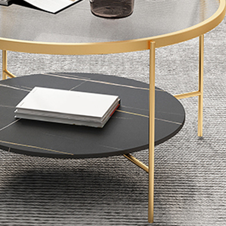 Modern Style Round Glass Table Plate Metal 4 Legs Base with Storage Rack Coffee Table