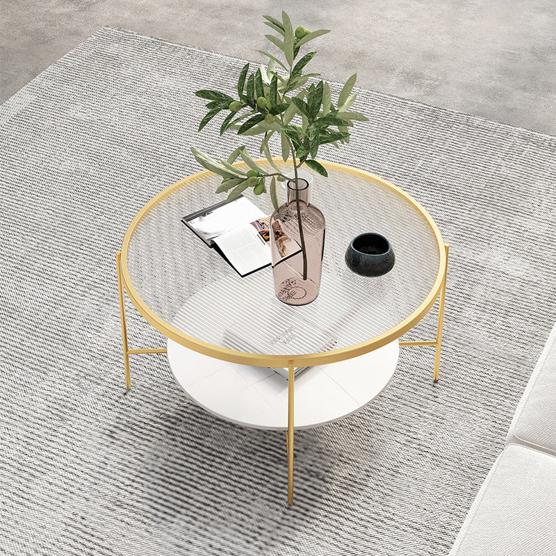 Modern Style Round Glass Table Plate Metal 4 Legs Base with Storage Rack Coffee Table