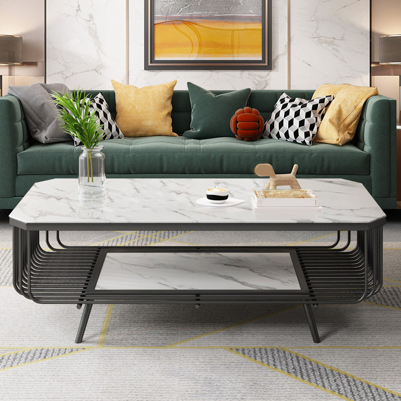 17.7" H Glam Rectangle Slate Coffee Table Iron 4 Legs Cocktail Table with Shelf