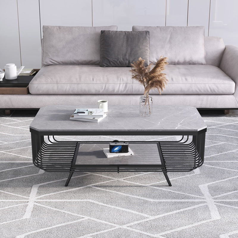 17.7" H Glam Rectangle Slate Coffee Table Iron 4 Legs Cocktail Table with Shelf