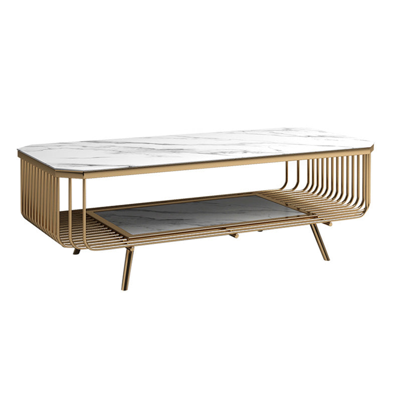 17.7" H Glam Rectangle Slate Coffee Table Iron 4 Legs Cocktail Table with Shelf