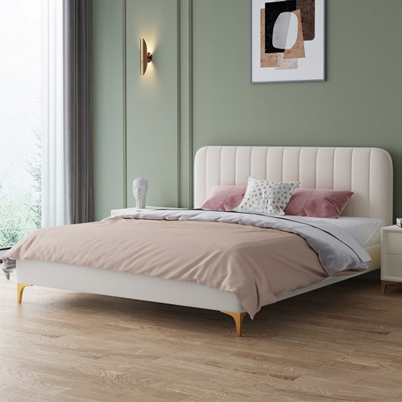 Contemporary White Panel Bed with Rectangle Faux Leather Headboard