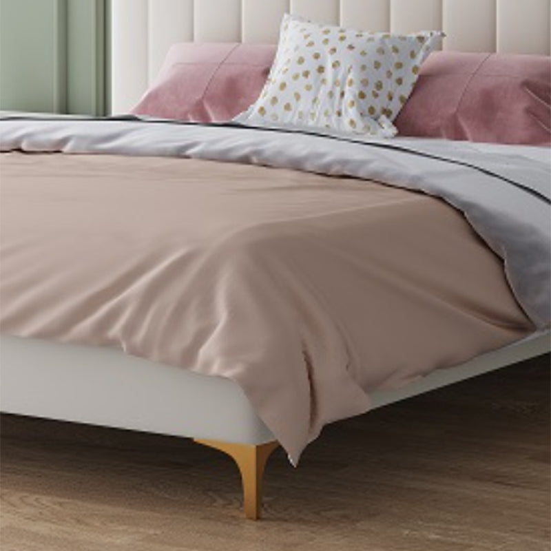 Contemporary White Panel Bed with Rectangle Faux Leather Headboard