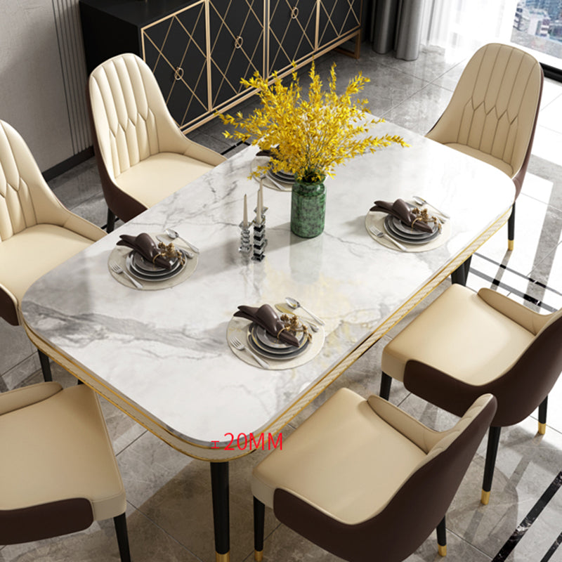 White Stone Rectangle Top Table Traditional Luxury Metal Base Dining Table