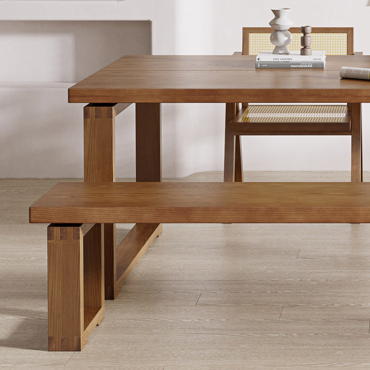 Brown Solid Wood Dining Table Modern Rectangular Furniture with Double Pedestal Base