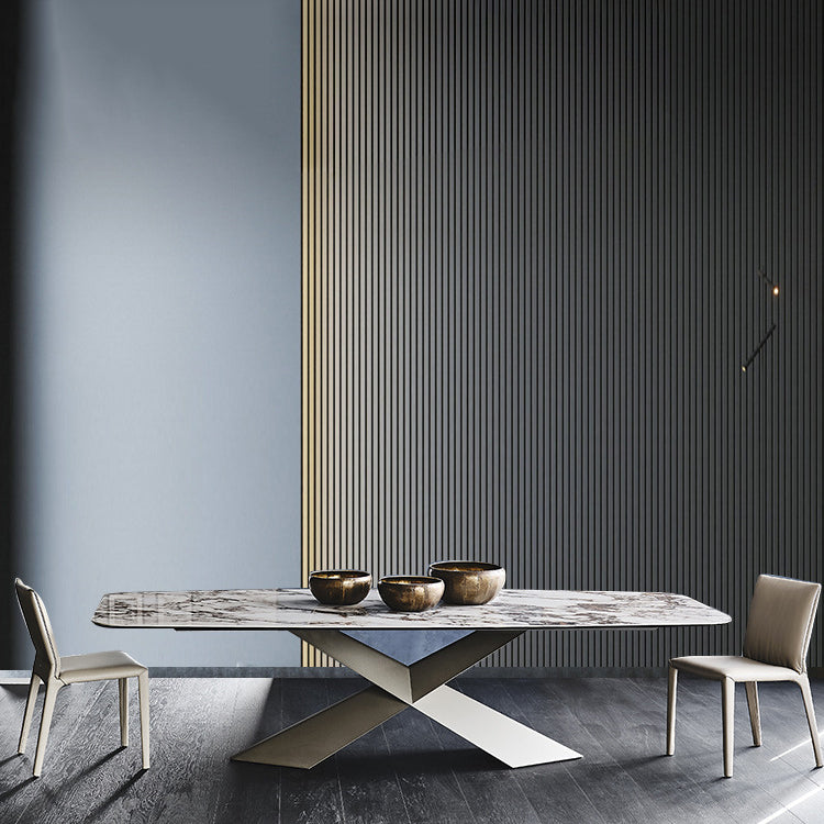 Modern Gray Stone Top Table Metal Base Rectangle Dining Table for Kitchen