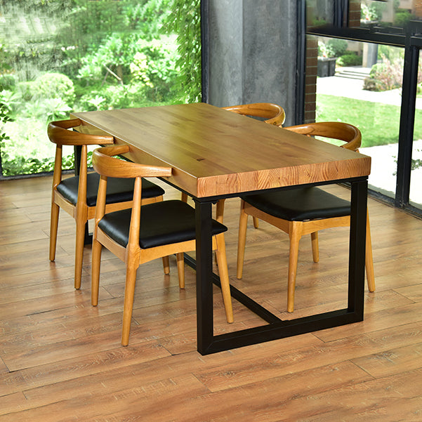 Pine Wood Top Dining Table Rectangle Black Iron Trestle Base Home Table