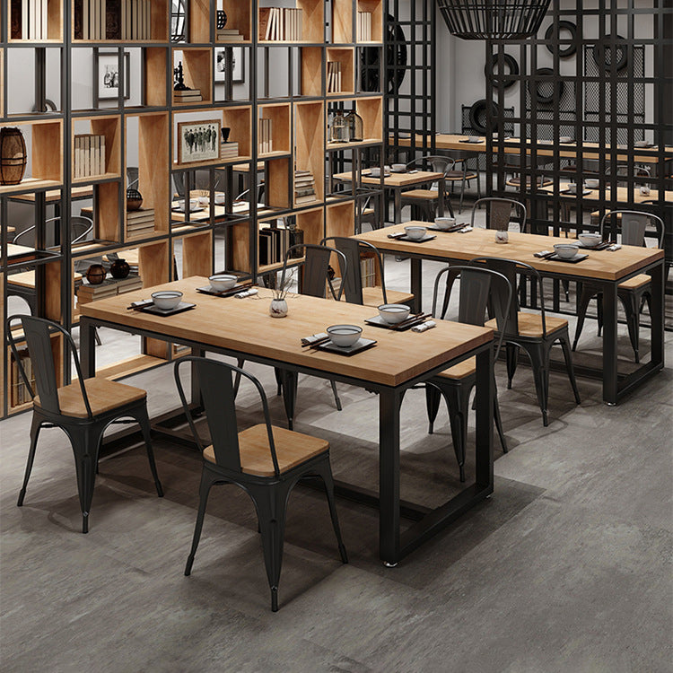 Natural Industrial Rectangle Dining Table Solid Wood Top Black Trestle Base Table