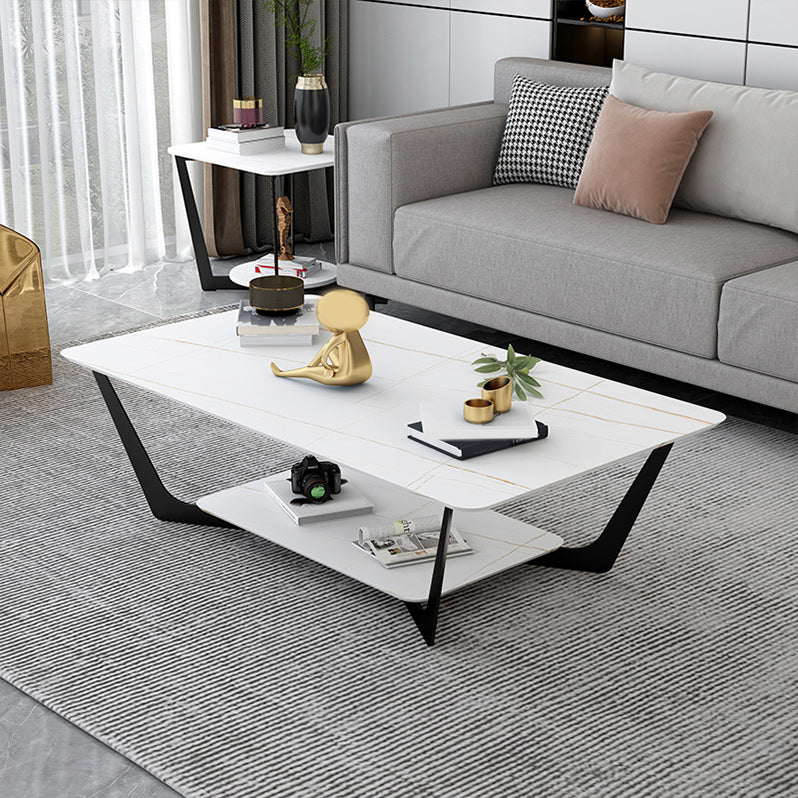 15.7" H Rectangle Slate Coffee Table Metal 4 Legs Cocktail Table with Shelf