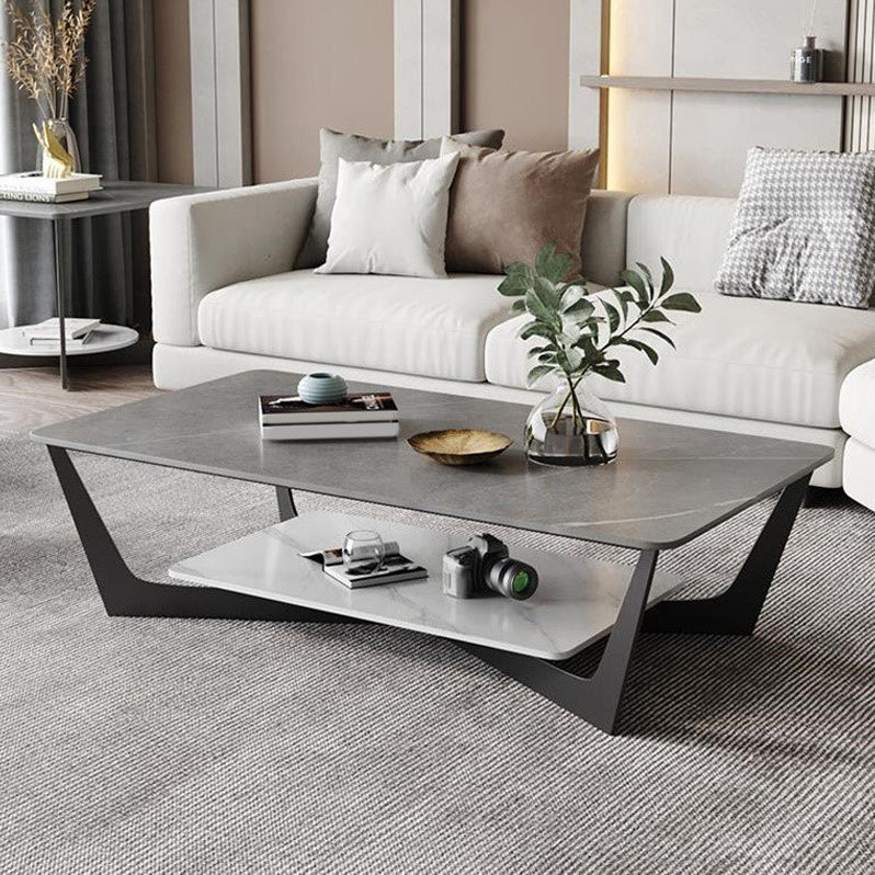 15.7" H Rectangle Slate Coffee Table Metal 4 Legs Cocktail Table with Shelf