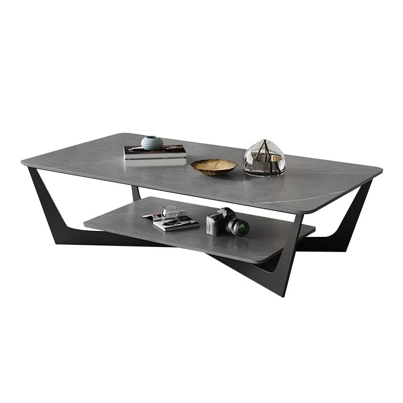 15.7" H Rectangle Slate Coffee Table Metal 4 Legs Cocktail Table with Shelf