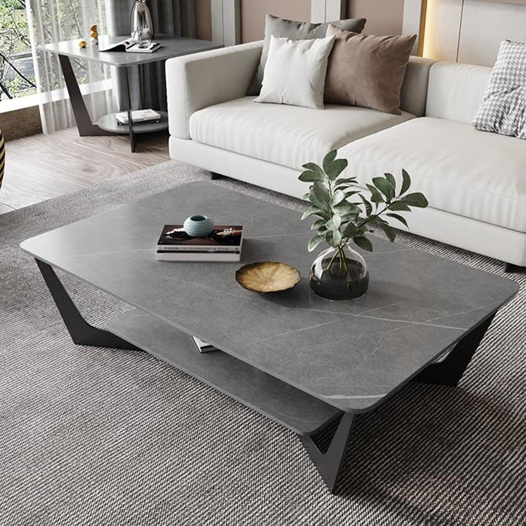 15.7" H Rectangle Slate Coffee Table Metal 4 Legs Cocktail Table with Shelf