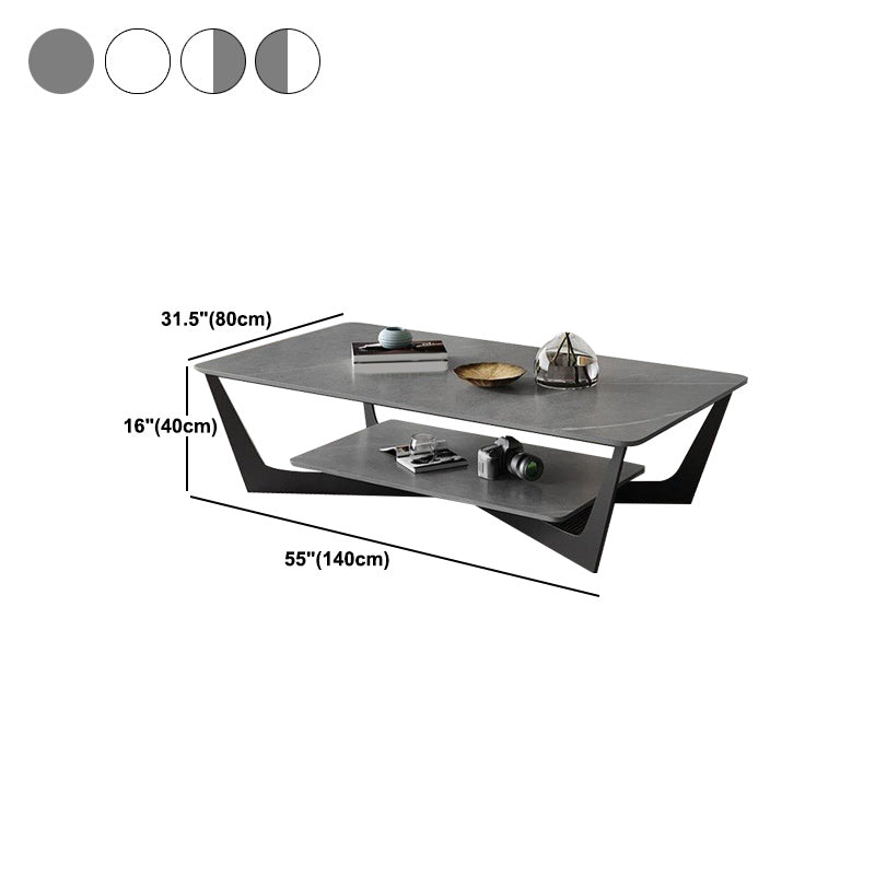 15.7" H Rectangle Slate Coffee Table Metal 4 Legs Cocktail Table with Shelf