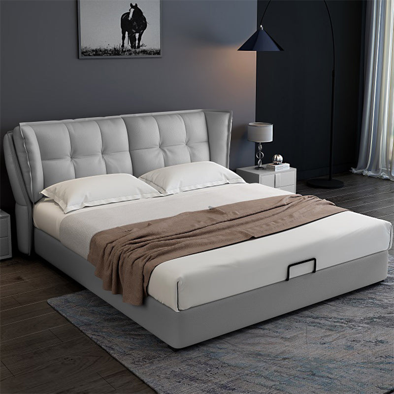 Modern Grey Wingback Bed with Rectangle Faux Leather Headboard