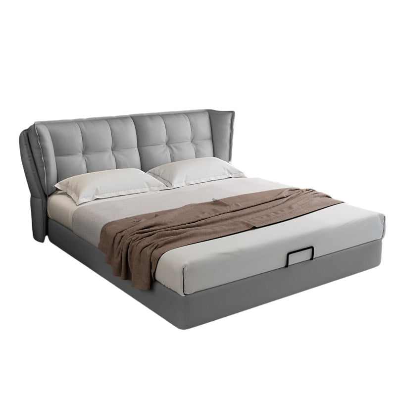 Modern Grey Wingback Bed with Rectangle Faux Leather Headboard