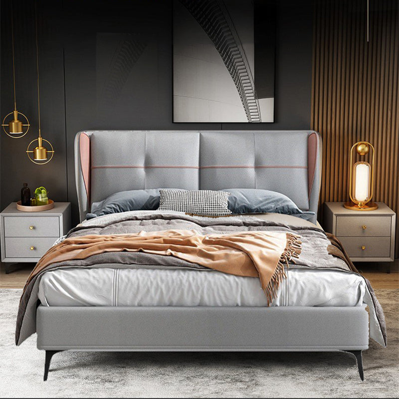 Modern Grey Wingback Bed with Tufted Rectangle Headboard and Metal Legs