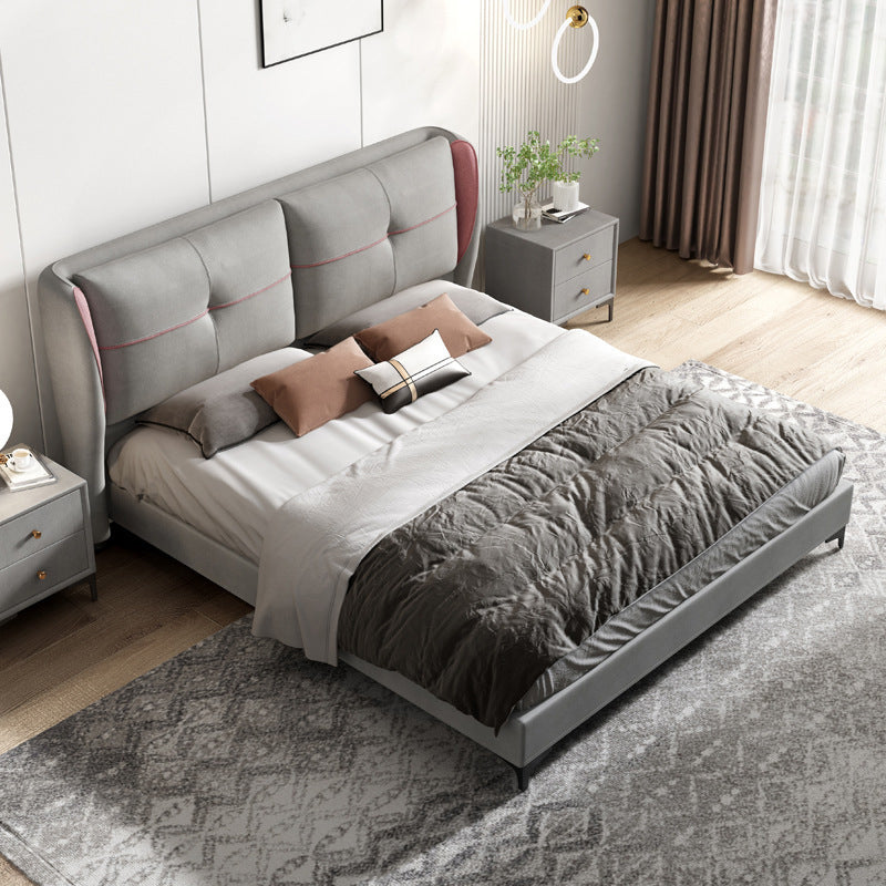 Modern Grey Wingback Bed with Tufted Rectangle Headboard and Metal Legs