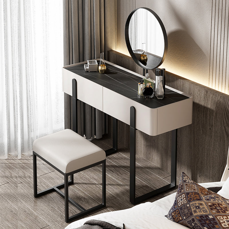 Contemporary Stone Top Vanity Desk 2-Drawer Dressing Table with Stool