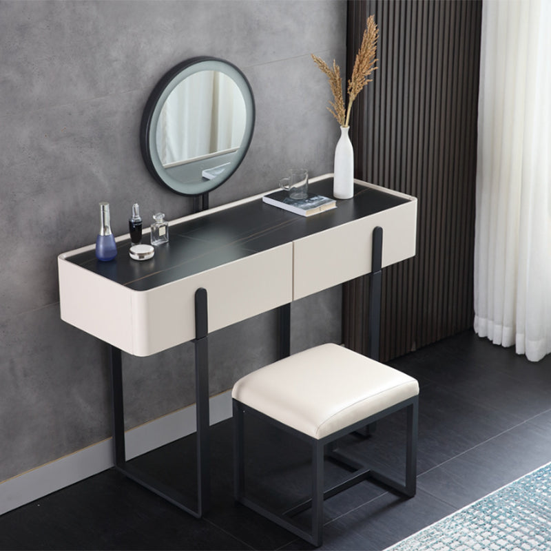 Contemporary Stone Top Vanity Desk 2-Drawer Dressing Table with Stool