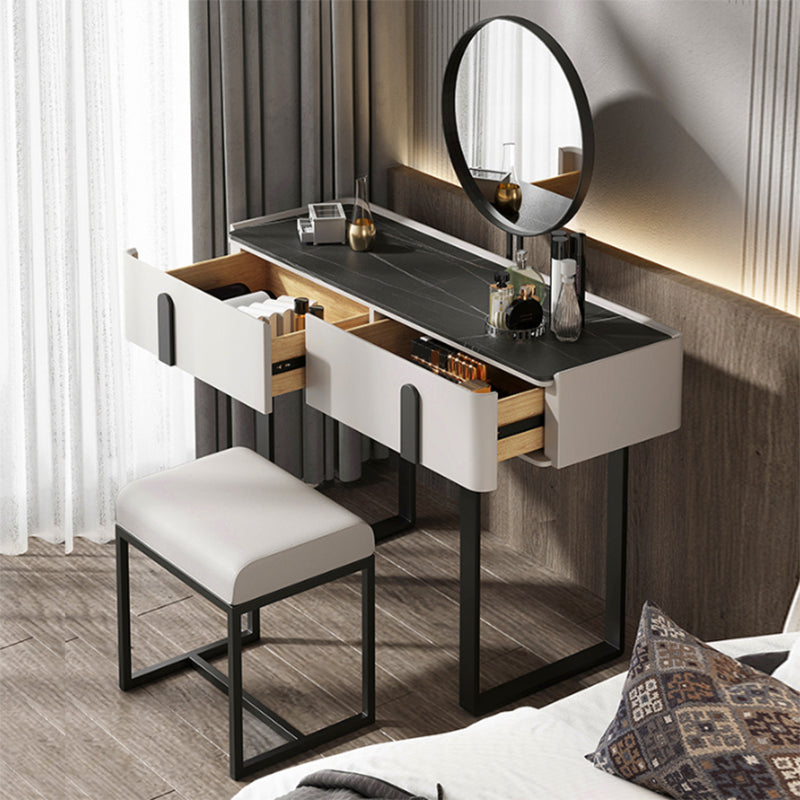 Contemporary Stone Top Vanity Desk 2-Drawer Dressing Table with Stool