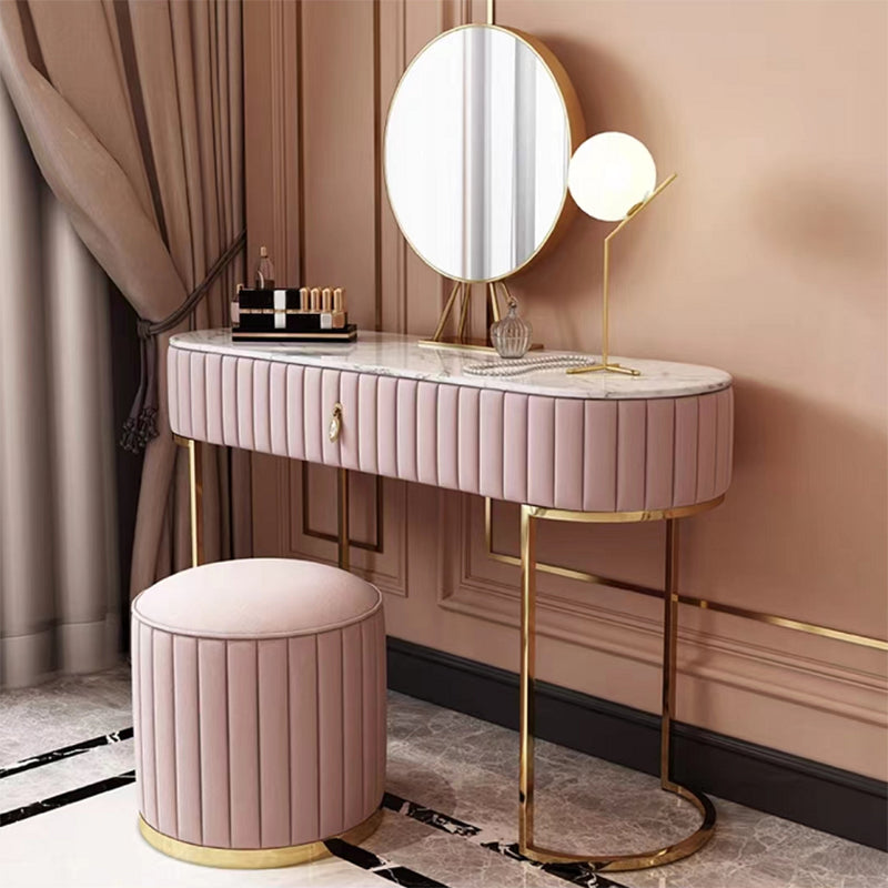 1-Drawer Makeup Vanity Table with Mirror & Stool Luxurious Stone/Leather Dresser