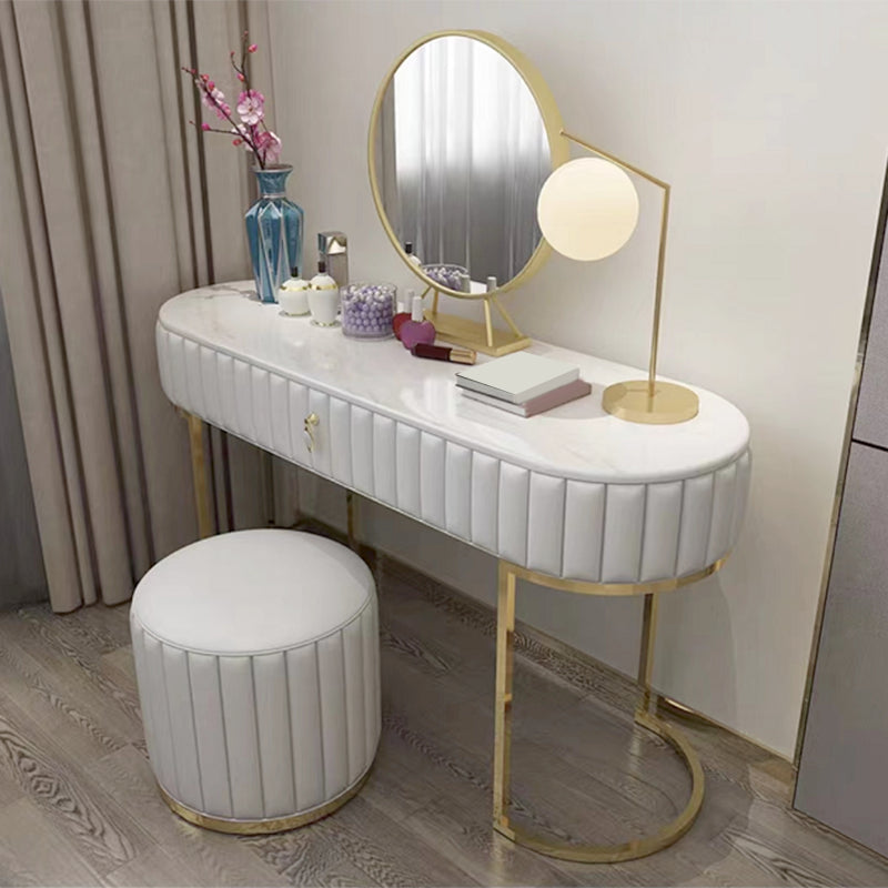 1-Drawer Makeup Vanity Table with Mirror & Stool Luxurious Stone/Leather Dresser