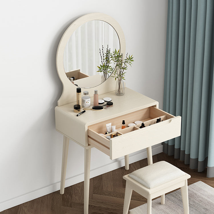 Scandinavian Solid Wood Dresser 1-Drawer Vanity Table with Stool and Mirror