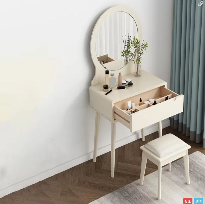 Scandinavian Solid Wood Dresser 1-Drawer Vanity Table with Stool and Mirror