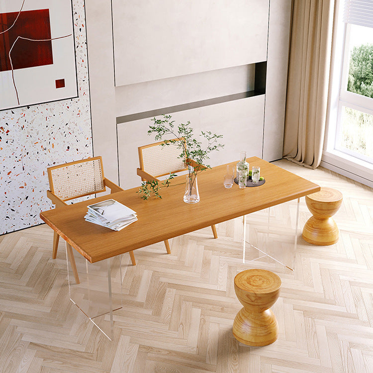 Acrylic Modern Rectangle Dining Table Pine Wood Top Table with Double Pedestal