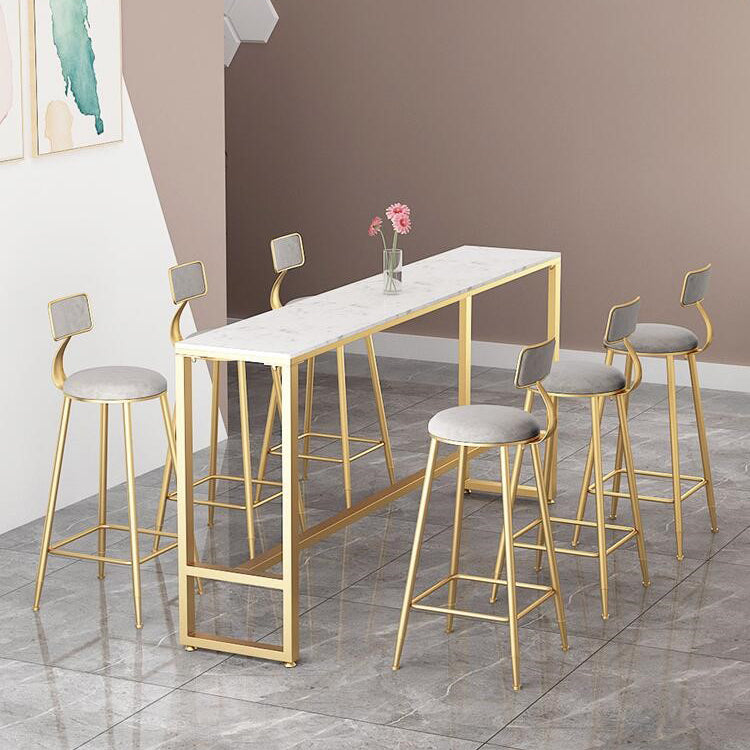 Rectangular Sintered Stone Top Bar Table Luxurious Bar Table with Trestle Base in Gold