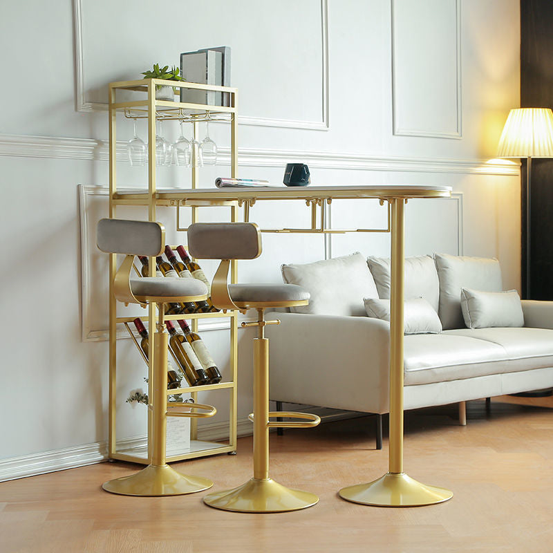 Specialty Marble Top Bar Table Glossy White Glam Pub Table with Wine Storage