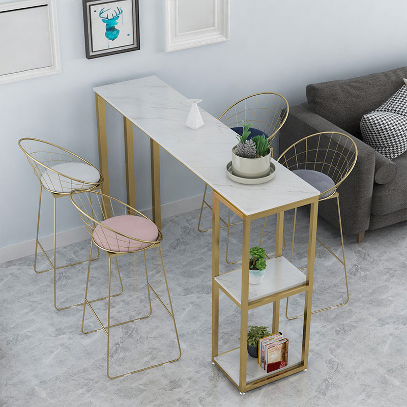 White Stone Top Pub Table with Storage Glam Bistro Table for Living Room