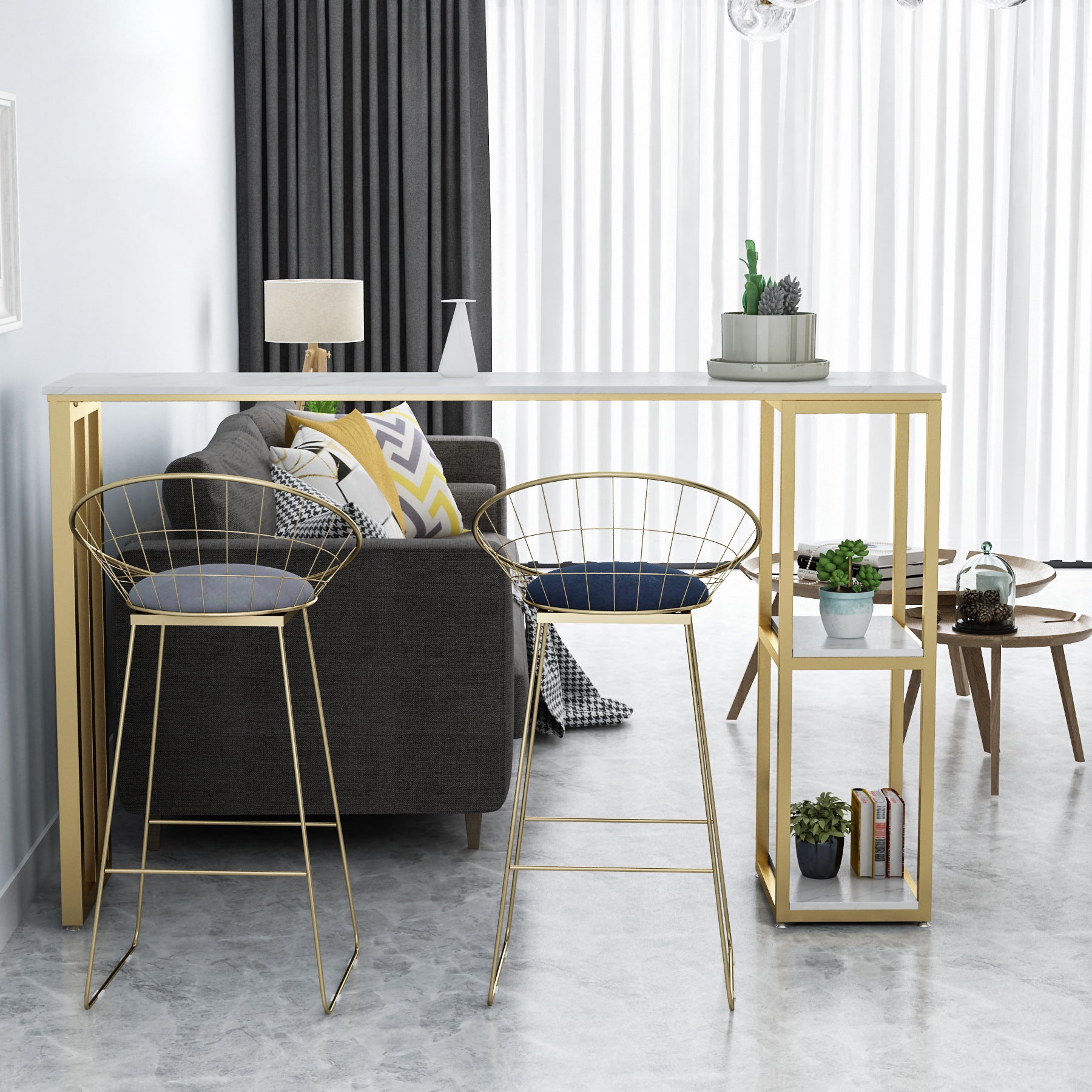 White Stone Top Pub Table with Storage Glam Bistro Table for Living Room