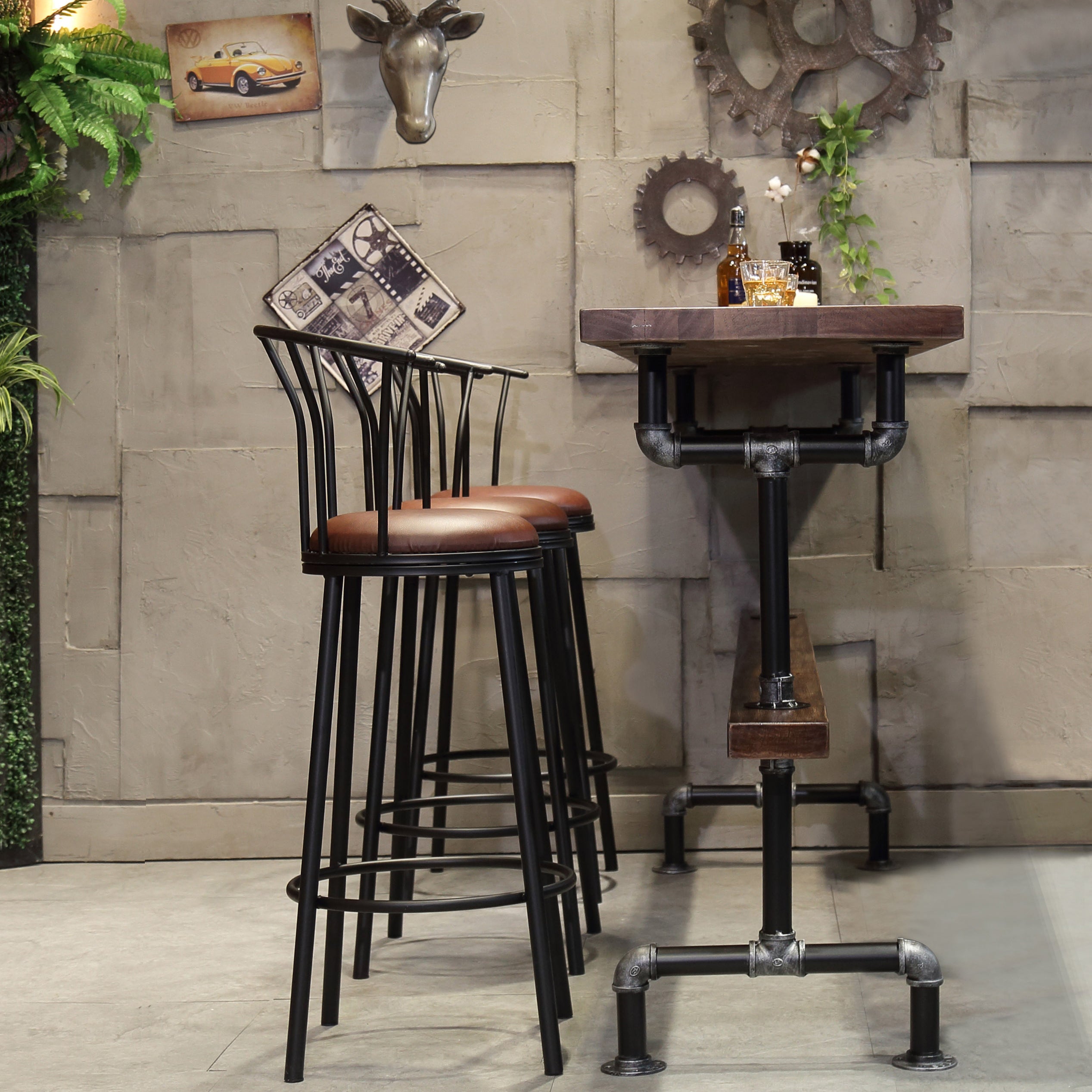 Rectangle Pine Wood Top Bar Table Industrial Bar Table with Trestle Base