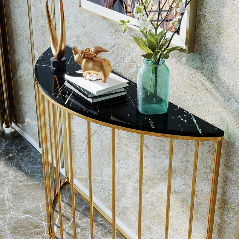 Contemporary Marble Console Accent Table Half Moon Iron End Table for Hall