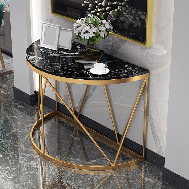Contemporary Marble Console Sofa Table Half Moon Iron End Table for Hall