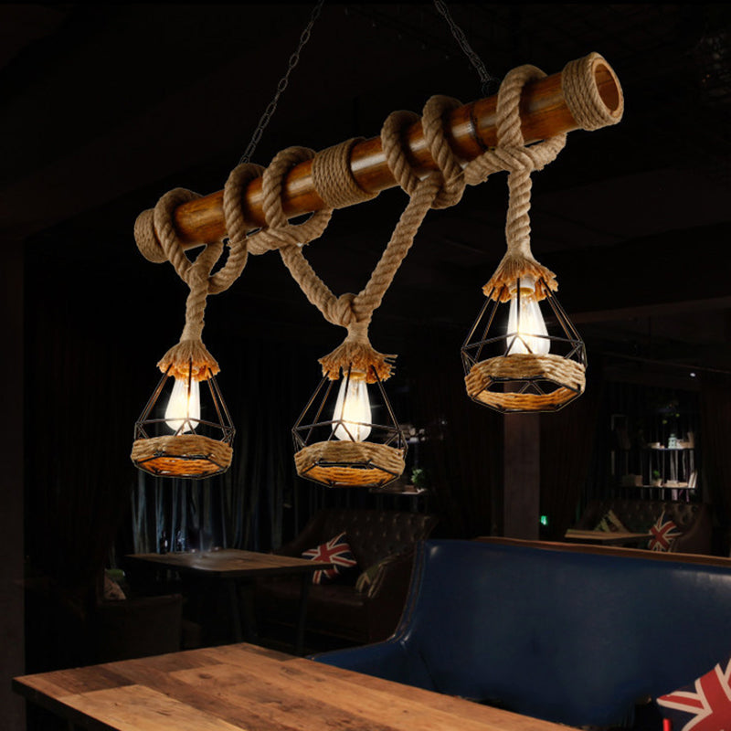 Retro Bamboo Island Light 3 Lights Island Pendant with Natural Rope for Restaurant
