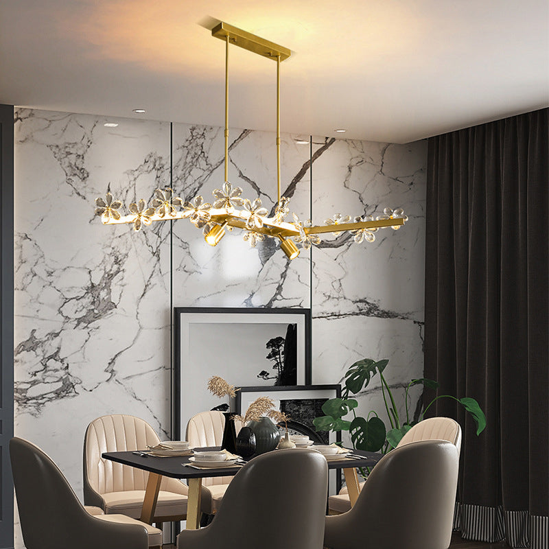Floral Crystal Linear Island Light Postmodern Gold LED Pendant Light for Dining Room