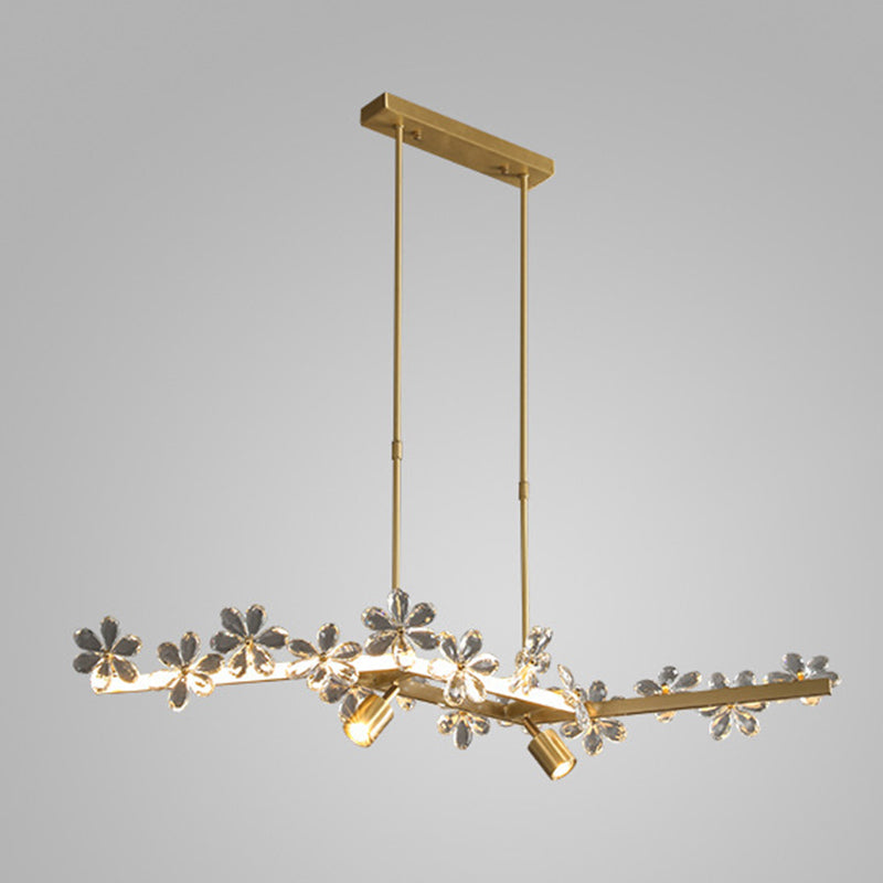 Floral Crystal Linear Island Light Postmodern Gold LED Pendant Light for Dining Room