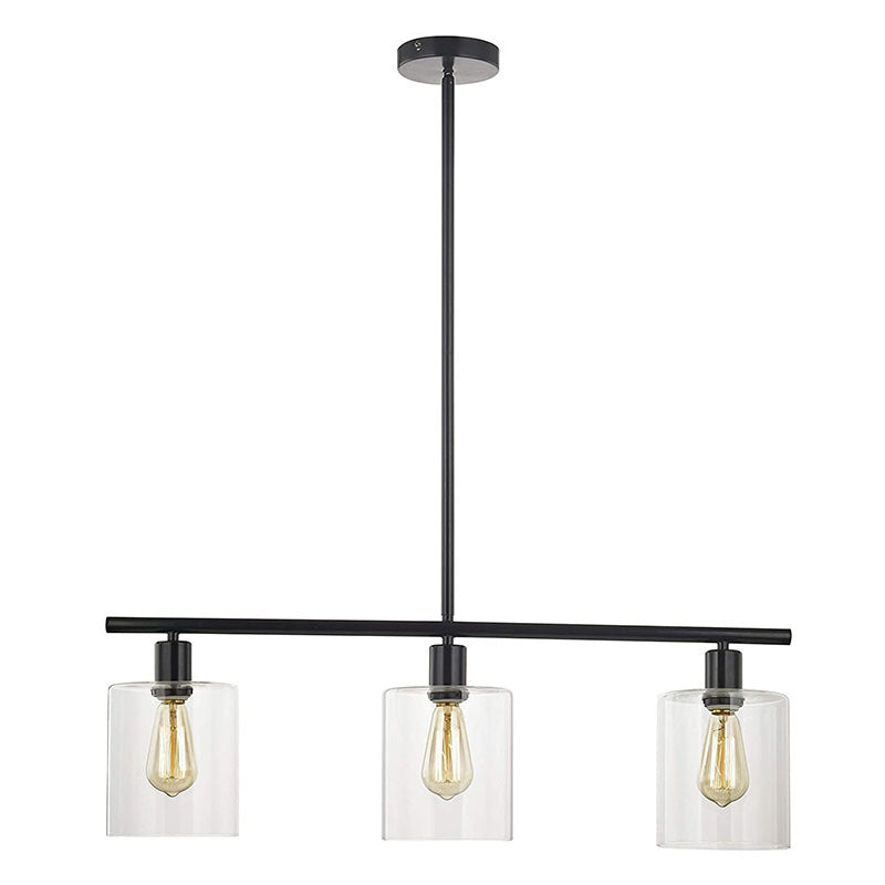 Cylindrical Glass Island Lamp Industrial 3 Lights Dining Room Hanging Lamp in Black