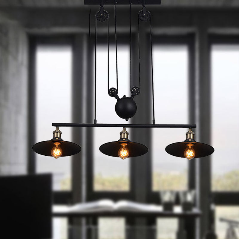 3 Lights Pulley Pendant Industrial Metal Black Hanging Island Light with Flared Shade