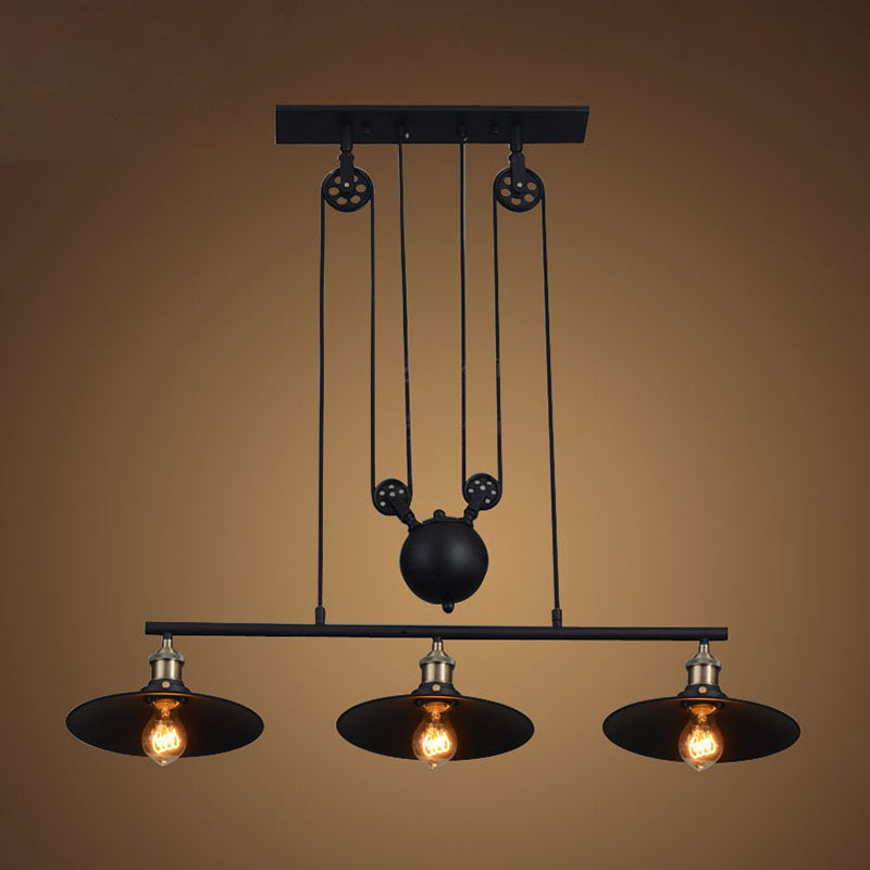 3 Lights Pulley Pendant Industrial Metal Black Hanging Island Light with Flared Shade