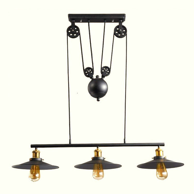 3 Lights Pulley Pendant Industrial Metal Black Hanging Island Light with Flared Shade