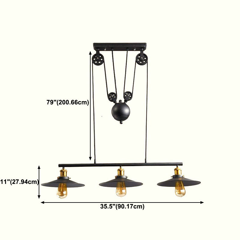 3 Lights Pulley Pendant Industrial Metal Black Hanging Island Light with Flared Shade