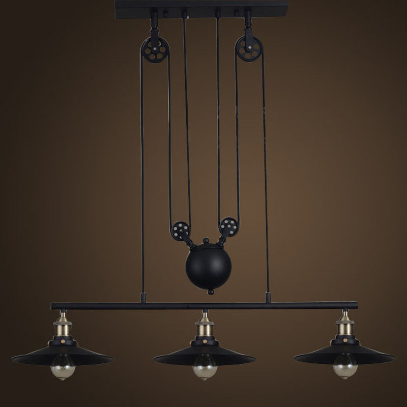 3 Lights Pulley Pendant Industrial Metal Black Hanging Island Light with Flared Shade