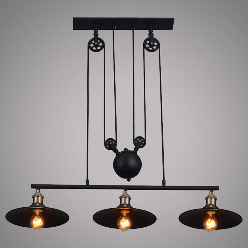 3 Lights Pulley Pendant Industrial Metal Black Hanging Island Light with Flared Shade